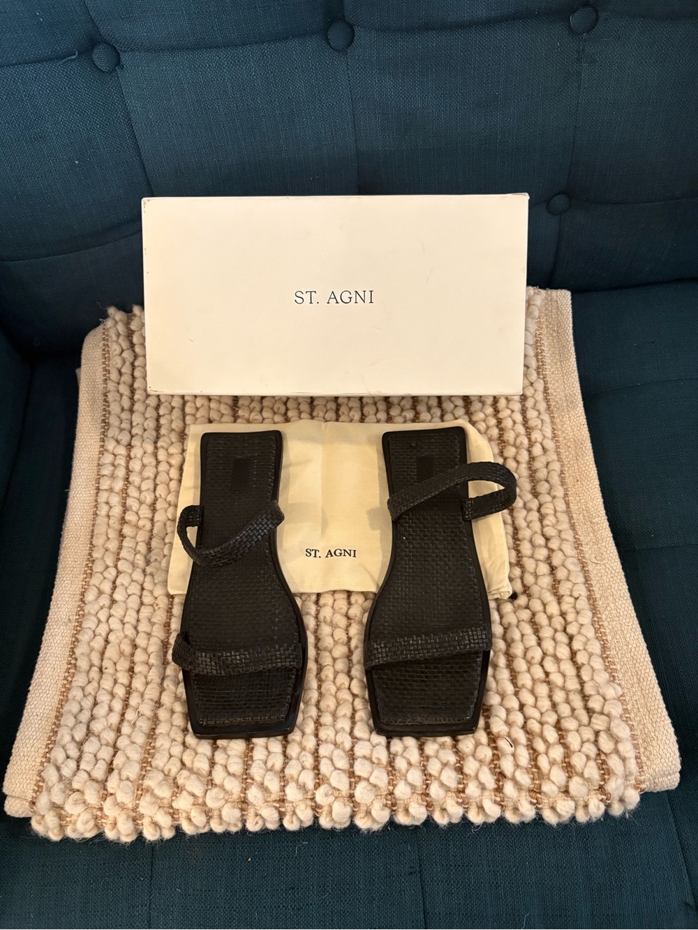 St. Agni Black Woven Leather, Square-Toe Sandals